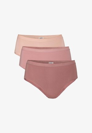 Drei Damen-Baumwollslips in verschiedenen Rosatönen, mit einfachem Bund und kleinem Markenlabel innen sichtbar.