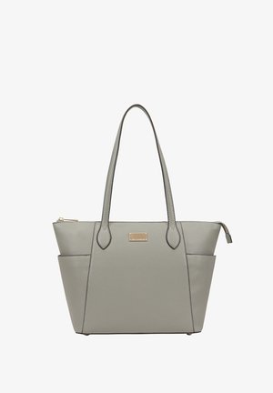 Grijze leren shoppers met dubbele handvatten, gestructureerde vorm, zijvakken en gouden hardware. Gladde textuur met een subtiele afwerking.