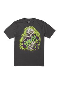 Camiseta de algodón negra con un gráfico de un esqueleto con ojos azules, rodeado de rayos verdes y texto púrpura en la parte delantera.