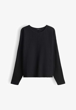 Zwarte top met lange mouwen van gestructureerde stof, ronde halslijn en een losse pasvorm. Heeft afgezakte schouders en een korte zoom.