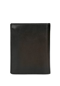 Black leather wallet with a smooth texture, rectangular shape, and subtle stitching detail along the edges. No visible hardware.
