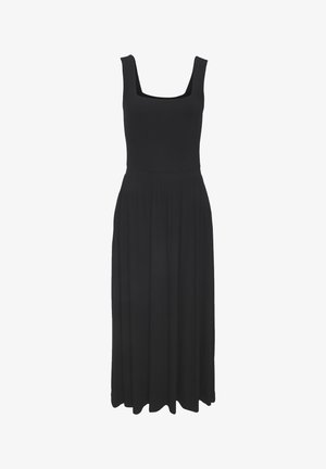 Schwarzes ärmelloses Midikleid mit quadratischem Ausschnitt und plissiertem Rock, geeignet für legere oder formelle Anlässe.