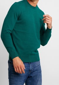Grüner Strickpullover mit rundem Ausschnitt, gerippten Bündchen und Saum, getragen mit blauer Jeans, mit kleinem Logo auf der Brust.