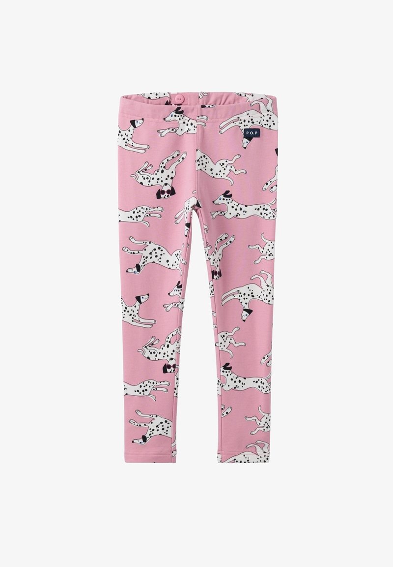 Vaaleanpunaiset legginsit, joissa on musta-valkoisten juoksevista koirista koostuva kuosi. Niissä on joustava vyötärö ja pieni etiketti edessä.