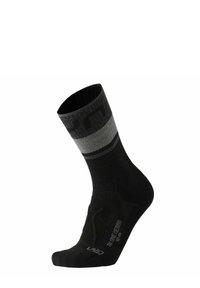 Schwarz-graue Mid-Calf-Socke mit gepolsterter Sohle und Textmustern, entworfen für die Größe 43-44.