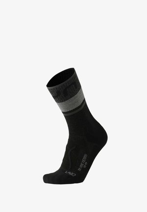 Schwarz-graue Mid-Calf-Socke mit gepolsterter Sohle und Textmustern, entworfen für die Größe 43-44.