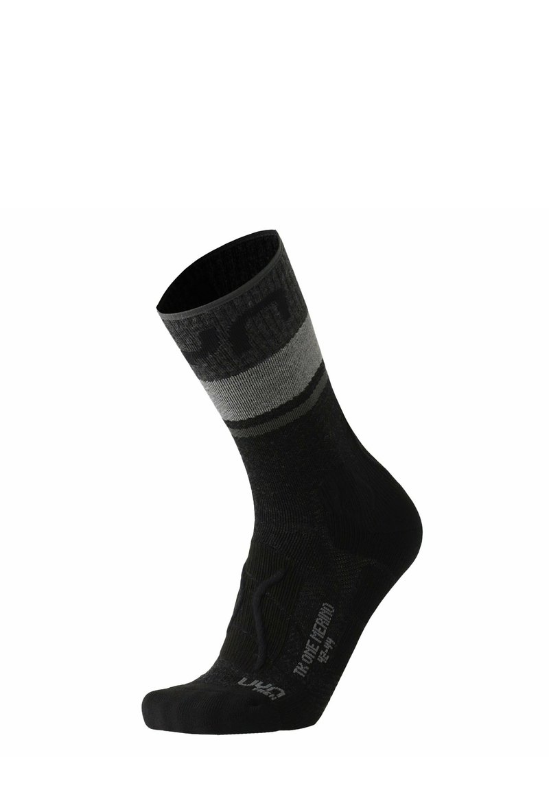 Schwarz-graue Mid-Calf-Socke mit gepolsterter Sohle und Textmustern, entworfen für die Größe 43-44.