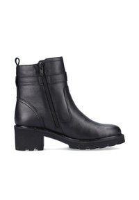 Black leather ankle boot with a textured finish, side zipper, and chunky heel. Features a pull tab and lug sole for traction.