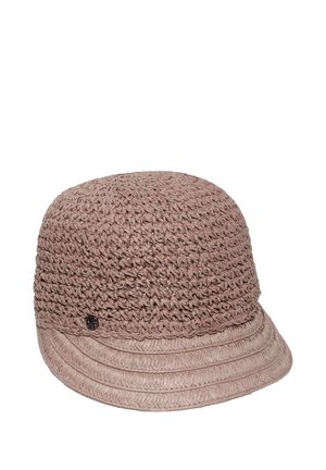 Brown woven crochet bucket hat with a small round metal logo pin on the side and a textured brim.