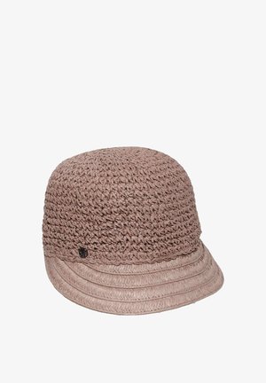Brown woven crochet bucket hat with a small round metal logo pin on the side and a textured brim.