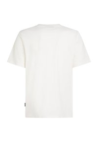 White cotton t-shirt with a crew neck, short sleeves, and a straight cut. Features a small logo tag on the lower side.