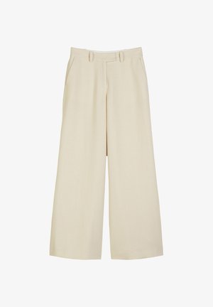 Beige, vide bukser laget av glatt stoff. Har høyt liv med beltehuler og sidelommer. Minimalistisk design.