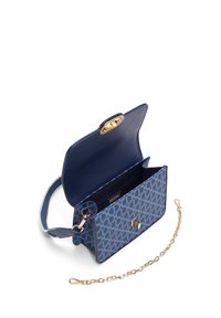 Navy blue leather bag with embossed pattern, gold hardware, and a chain strap. Open flap reveals a spacious interior and organized compartments.