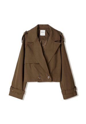 Cropped brown jacket in soft fabric with a double-breasted design, large lapels, and button accents on the sleeves.