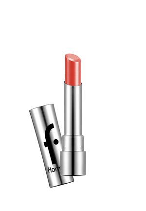 Silver lipstick tube with coral pink lipstick extended, cap leaning against tube featuring the letter "f" and partial "flormar" text.