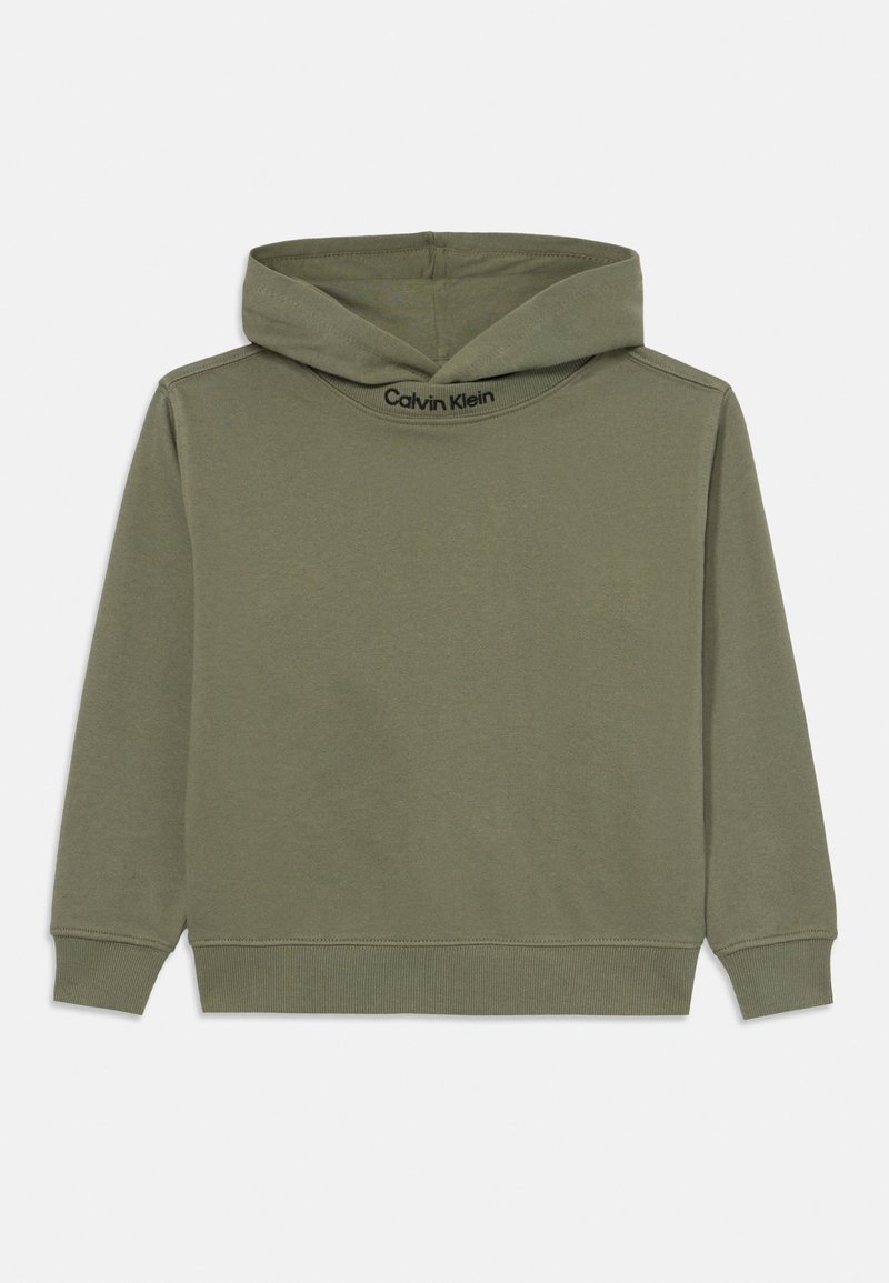 Felpa verde in cotone con cappuccio regolabile, maniche lunghe e polsini a costine. Logo Calvin Klein ricamato sul collo.