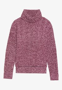 Pletena pulover jopica v bordo in kremni melange vzorcu, ki ima visok ovratnik ter rebraste manšete in rob za dodatno teksturo.