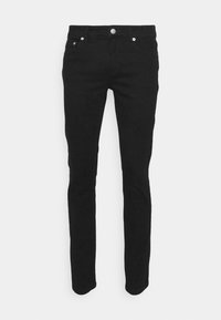 Pantalones skinny de denim negro con una textura suave, diseño de cinco bolsillos y botón de metal en la cintura. Silueta simple y ajustada.