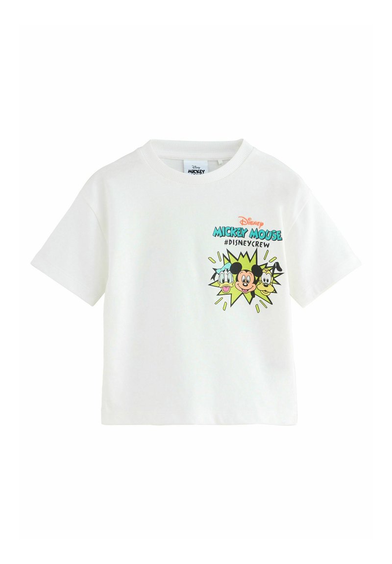 Hvid bomulds T-shirt med et farverigt grafisk print af Mickey Mouse og venner med et stjerne-design. Korte ærmer, rund halsudskæring.