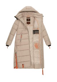 Light beige long puffer coat with an oversized hood, black cuff accents, orange zipper details, and inner logo print. Horizontal quilted texture.
