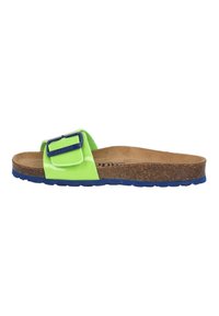 Green patent slide sandal with a wide strap, a navy blue buckle, and a cork footbed. Features a textured sole for grip.