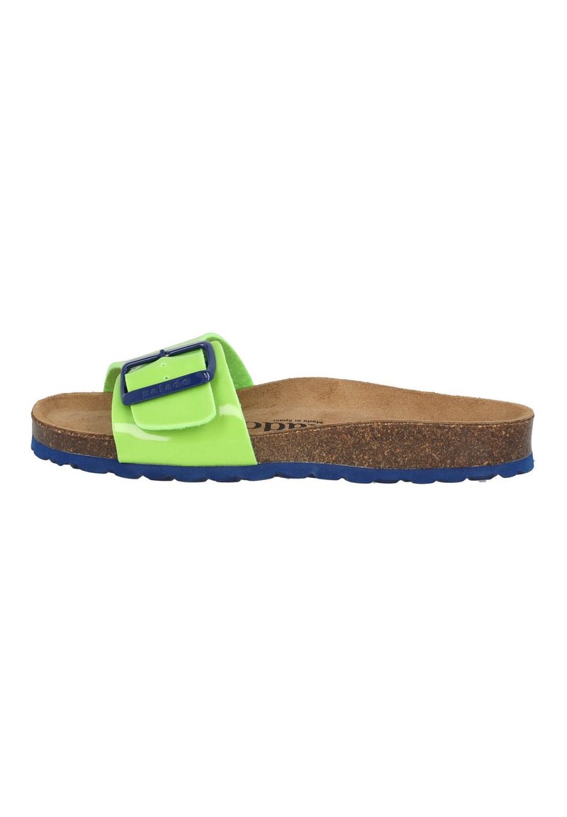 Green patent slide sandal with a wide strap, a navy blue buckle, and a cork footbed. Features a textured sole for grip.