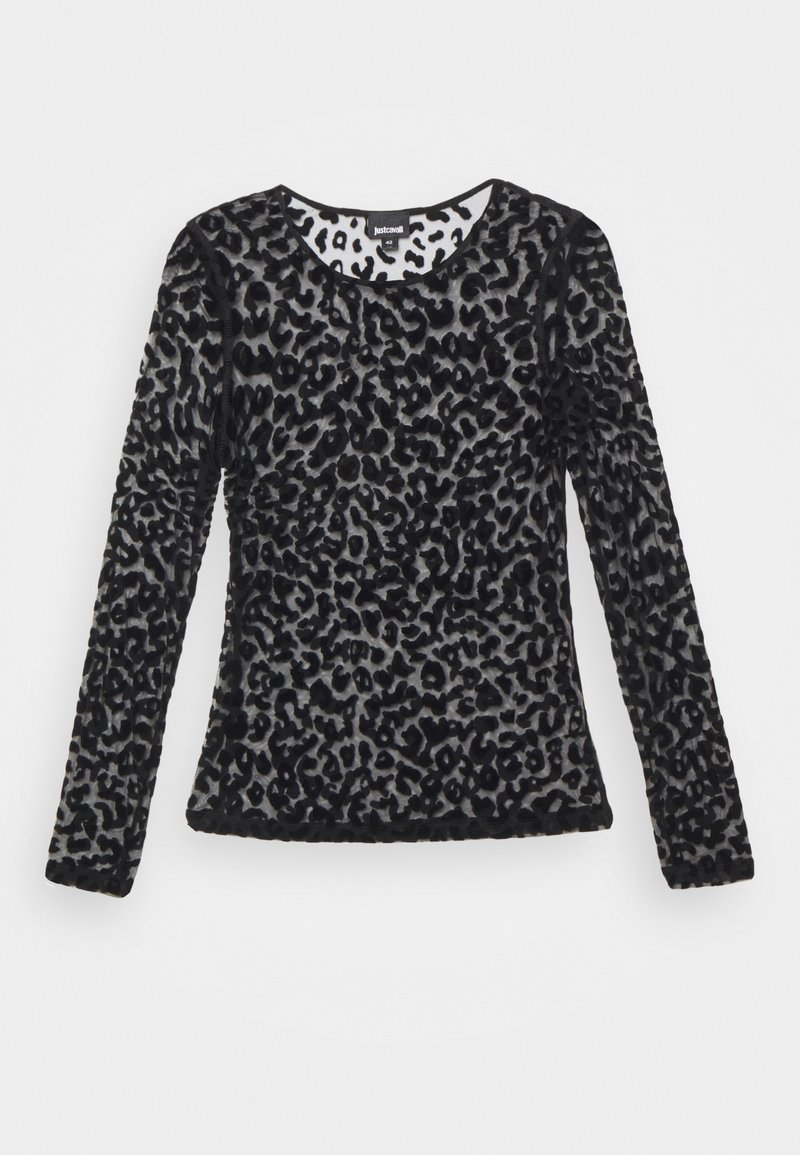 Černý top s dlouhým rukávem a vzorem leopardího tisku, vyrobený z měkkého materiálu; má kulatý výstřih a slim fit.