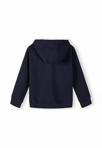 Sweat à capuche bleu marine à manches longues avec poignets et ourlet côtelés, montré de dos sur un fond blanc.