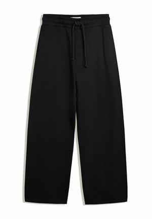 Black wide-leg sweatpants with an elastic waistband, drawstring, and side pockets; made from soft, textured fabric.