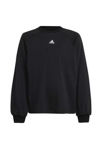 Sudadera negra de manga larga, con puños acanalados y cuello redondo. Presenta un pequeño logo blanco de Adidas en el pecho. Textura suave.