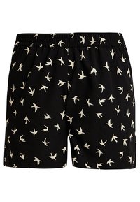 Shorts noirs en tissu léger avec un motif d'oiseaux blancs, une ceinture élastique et une coupe décontractée.