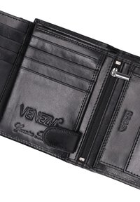 Black leather wallet with multiple card slots, a zippered compartment, embossed branding, and RFID protection details. Smooth texture and design.