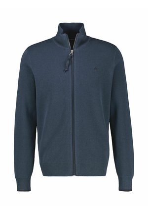Marineblå sweater med lynlås, tekstureret strikkemønster, høj krave og ribstrikkede manchetter. Har et diskret mærkelogo på brystet.