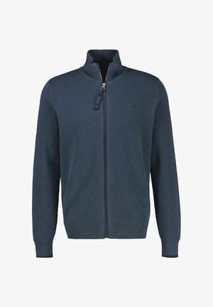 Marineblå sweater med lynlås, tekstureret strikkemønster, høj krave og ribstrikkede manchetter. Har et diskret mærkelogo på brystet.