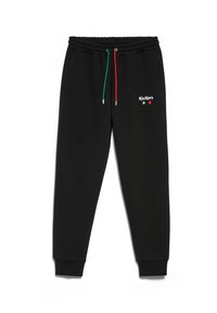 Pantalones de chándal negros con cintura elástica y cordones en rojo y verde. Con bolsillos laterales y el logo "Kickers" en bordado blanco.