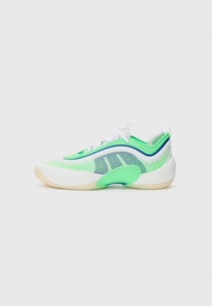 Baskets de sport vertes et blanches avec un dessus en mesh, des accents moulés et une semelle translucide. Présente des éclaboussures de détails bleus et vert foncé.