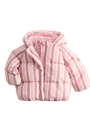 Pink og hvidstribet dunjakke til børn med hætte og blødt fleecefor, lynlåsen er delvist åben, vist på hvid baggrund.