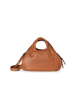 Braune Lederhandtasche mit weicher, strukturierter Oberfläche, runder Form, kurzem Griff und abnehmbarem Schulterriemen. Sie verfügt über einen Reißverschluss und minimalistische Akzente.