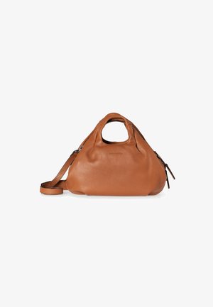 Brown leather handbag with a soft, textured finish, rounded shape, short handle, and detachable strap. Features zippered closure and minimal accents.