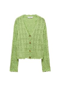 Zelený pletený cardigan se V výstřihem, dlouhými rukávy a vroubkovaným lemem. Má texturovaný vzor a čtyři hnědé knoflíky vpředu.