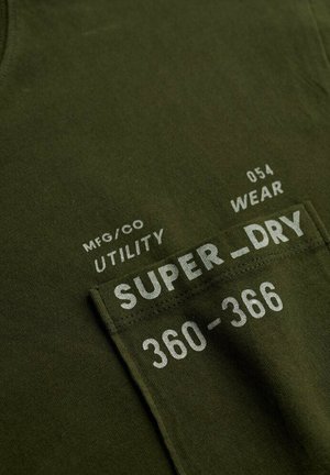 Olivgrüner Stoff mit einer Tasche, auf der weißer Text gedruckt ist: "MFG/CO UTILITY 054 WEAR SUPER_DRY 360-366".