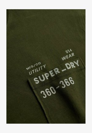 Olivgrüner Stoff mit einer Tasche, auf der weißer Text gedruckt ist: "MFG/CO UTILITY 054 WEAR SUPER_DRY 360-366".