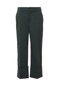 Donkergroene broek van lichtgewicht stof, met een klassiek ontwerp, een knoopsluiting en brede boorden aan de zoom.