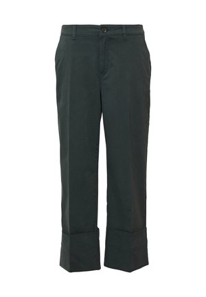 Pantalons vert foncé en tissu léger, présentant un design classique avec une fermeture à bouton et de larges bas. 