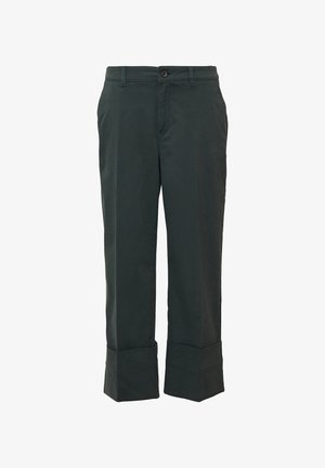 Dunkelgrüne Hose aus leichtem Material, mit einem klassischen Design, Knopfverschluss und breiten Säumen am Ende.