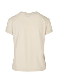 T-shirt a maniche corte di colore crema realizzato in cotone morbido. Tessuto semplice e liscio con scollatura a girocollo e vestibilità standard, senza loghi o motivi visibili.