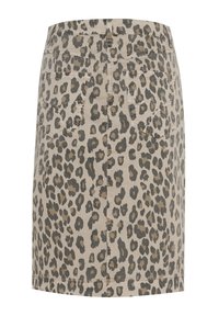 Beige en bruine denim rok met luipaardprint. Heeft achterzakken en een rechte snit, met een lengte tot op de dij en zichtbare stiksels.