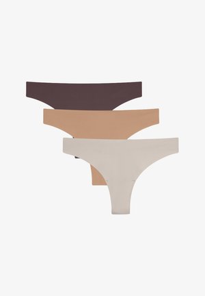 Tre paia di perizoma nei colori marrone scuro, marrone chiaro e beige. Tessuto morbido con un design senza cuciture e strappi sottili.