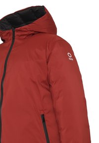 Giacca rossa isolata con cappuccio. Presenta una cerniera nera e tasche. Logo sulla manica. Texture liscia con un design elegante e contemporaneo.