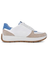 White sneaker with beige suede accents, blue heel tab and tongue, white laces, and a thick white sole with a brown gum outsole.